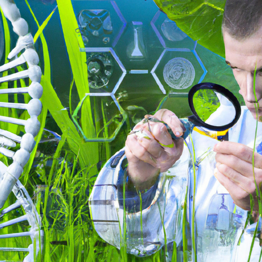 a scientist examining a dna helix with a magnifying glass, while binary code and ecological icons surround the scene.