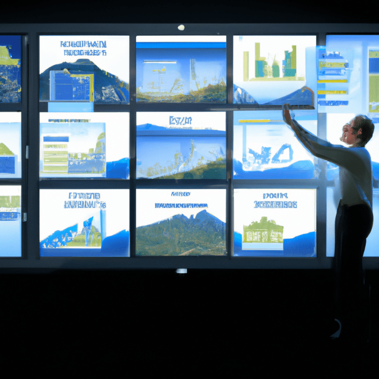 a scientist analyzing a large environmental dataset on a computer screen with various graphs and version control icons.